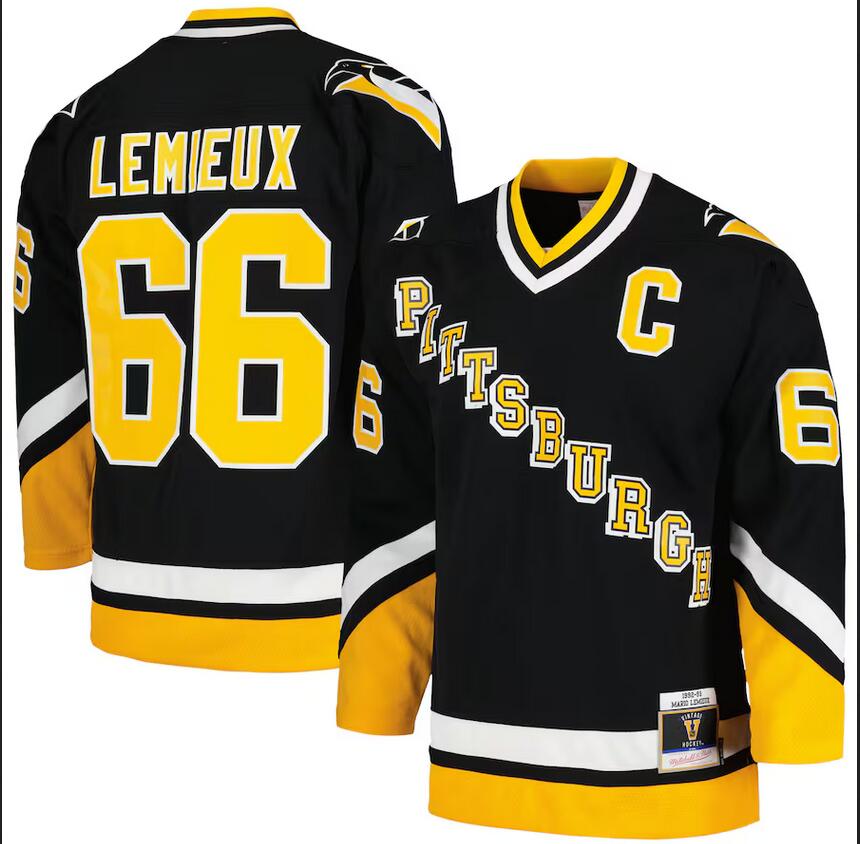 Men Pittsburgh Penguins #66 Mario Lemieux Mitchell  Ness 1992 1993 Blue Line Black Jersey ->pittsburgh penguins->NHL Jersey